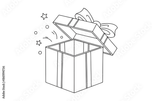 An open gift box with stars and circles erupting from inside Vector