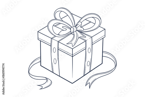 A detailed line drawing of a gift box with a large bow Vector
