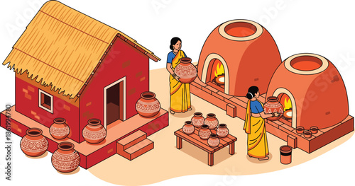 Traditional pottery making scene, clay kiln craft, rural artisan women, black vector artwork, cad drawing flat vector illustration