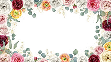 Floral frame with roses and eucalyptus leaves on white background.