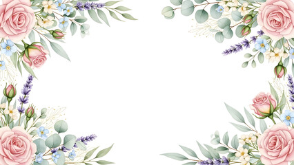 Watercolor floral frame with pink roses and lavender flowers.