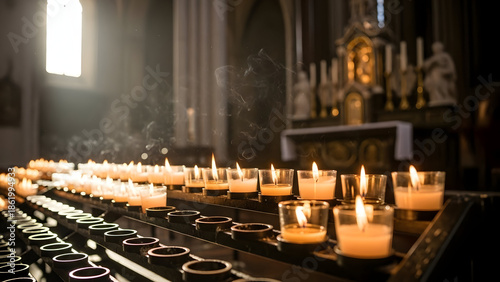 Rows of lit candles in a dimly lit church interior