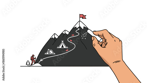 Hand drawing a clear path up a challenging mountain towards a flag, with a hiker and tents, symbolizing goal setting, strategic planning, and achievement.