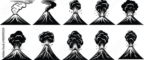 Volcanic eruption sequence illustration, smoke ash plume stages, black vector geology scene, cad drawing flat vector artwork