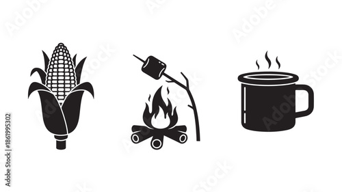 Camping Essentials Icons in Simple Flat Design with Black Silhouette on White Background for Outdoor Adventure