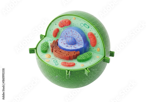 highly magnified 3d scientific visualization of a precise plant cell ultrastructure with labeled organelles, green cell wall, and cytoplasm on a transparent background. concept of biological education