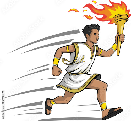 Ancient Olympic torch runner illustration depicting athlete carrying flaming torch in dynamic motion isolated on white background for sports