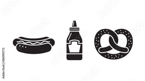 Hot dog, mustard bottle, and pretzel in simple flat design with black and white color scheme for food illustration