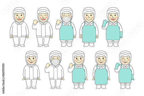 中高年男性と中高年女性のポーズ、表情、作業着（無塵服・エプロン・マスク）を組み合わせたイラストセット