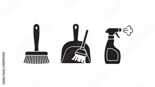 Cleaning Tools Set in Simple Monochrome Design with White Outline on Black Background for Housekeeping Icons