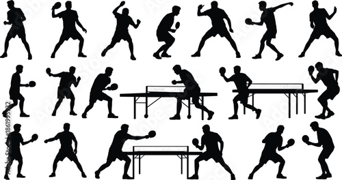 Table tennis player silhouette set showing dynamic ping pong actions, serves, rallies, and competition poses in black and white vector style for sports design
