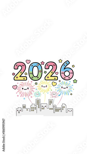 Colorful 2026 New Year celebration in city with fireworks and hearts