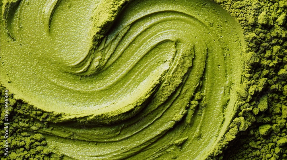 Obraz premium Delicate matcha powder, featuring subtle green ripple patterns and smooth swirls, highlighting the natural vibrant color of the green tea powder and its fine, powdery texture.