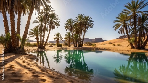 A tranquil desert oasis with palm trees reflecting in clear turquoise water under a sunny sky.