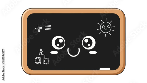 A smiling cartoon face drawn on a blackboard with math symbols and a sun.