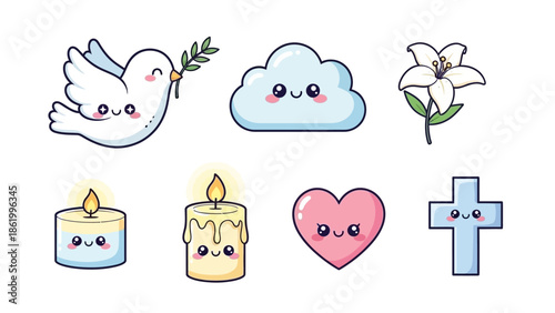 Cute cartoon illustrations of peaceful symbols and objects on white background 