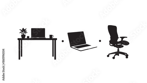 Modern office furniture in minimalist style with simple black silhouettes on white background for workspace design