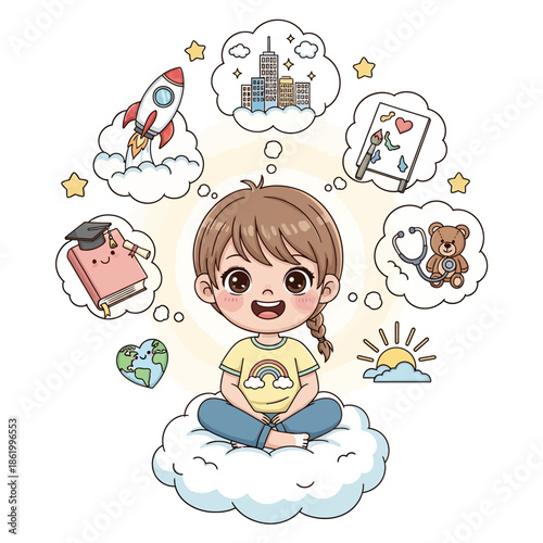 Little girl sitting on cloud thinking about various dreams and ambitions