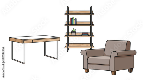 Modern interior featuring a sleek desk, a contemporary bookshelf adorned with books and a plant, and a comfortable upholstered armchair, perfect for a home office.