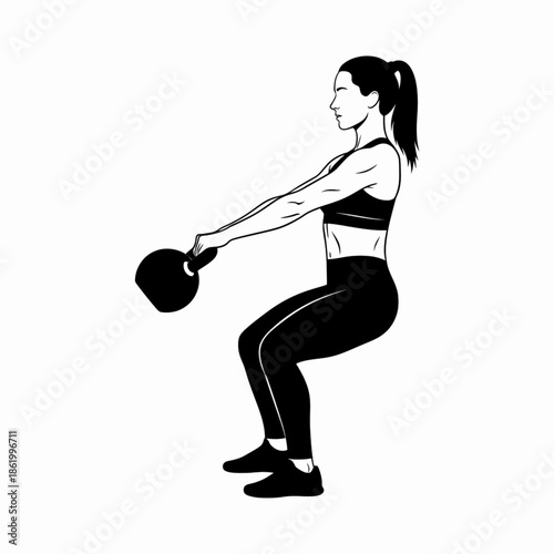 Squat position for kettlebell workout performed by active female