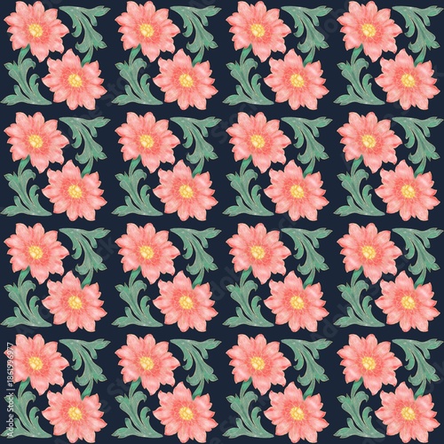 Watercolor Pink Flower Seamless Pattern on Dark Blue Background