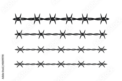 A set of seamless horizontal barbed wire silhouette  dangerous fence line designs, security and restriction concept elements, prison border graphics, military barrier icons, 