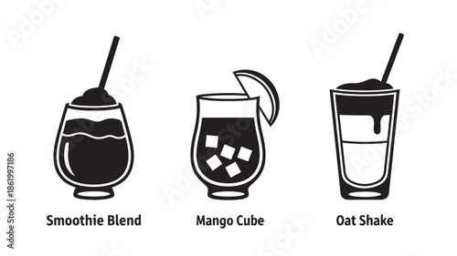 Set of black and white illustrations of cold beverages in various glasses with straws in simple minimalist style for menu design