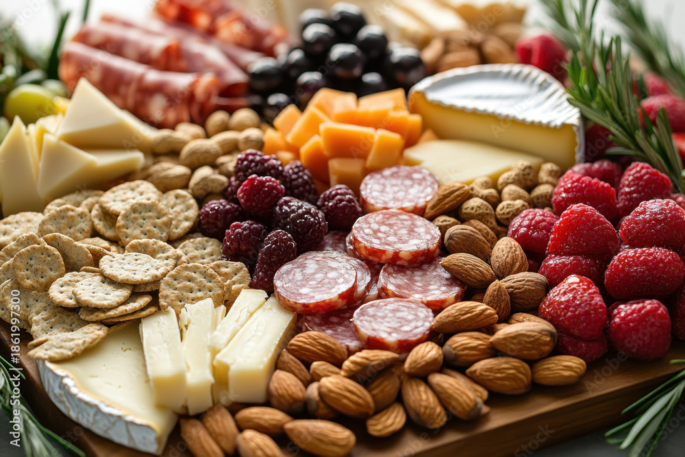 Fototapeta premium Vibrant charcuterie board celebrates sustainable dining with array of cheeses, meats, fresh fruits, nuts, and crackers, perfect for gatherings