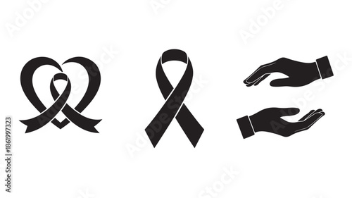 Awareness ribbons and helping hands in minimalist black design on white background for charity campaign