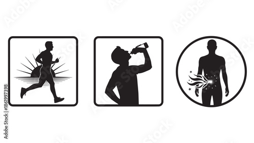 Human Silhouettes in Various Painful Conditions with Dynamic Movement in Black and White Minimalist Style for Health and Wellness
