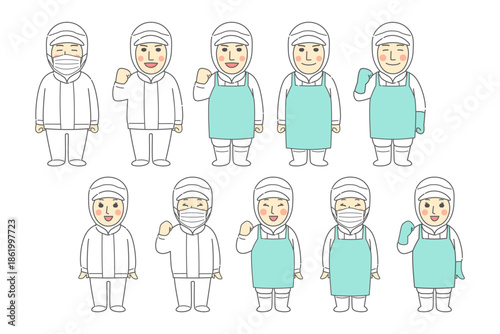 製造、食品加工で元気に働く若い男性・若い女性の笑顔やガッツポーズの組み合わせイラスト