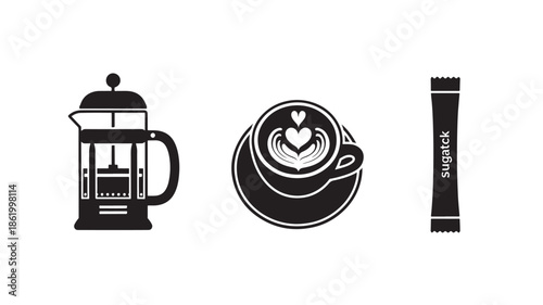 Coffee Icons in Minimalist Style with Monochrome Color Scheme on White Background for Branding