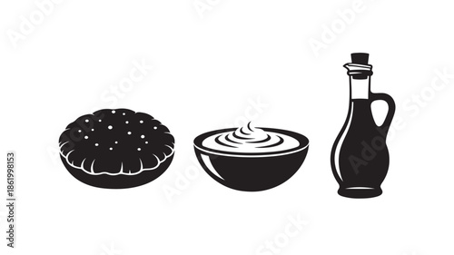 Burger, dip, and bottle in minimalist black and white illustration for food menu