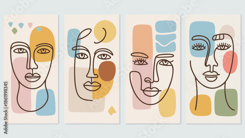 Abstract faces with colorful shapes and lines on canvas