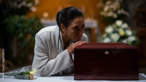 video 4K A deeply emotional memorial scene set indoors during a funeral ceremony. In the foreground, a person dressed in light-colored clothing leans forward over a polished wooden crematio