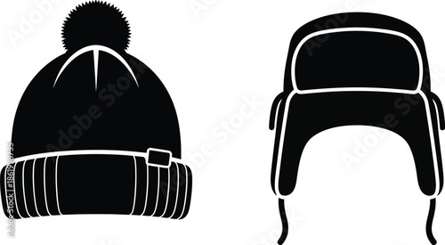 Black winter beanies with pompom and earflap designs on transparent background silhouette