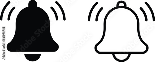 Notification bell icons set showing ringing alert symbols in solid and outline styles, modern UI notification concept for apps, websites, and interfaces