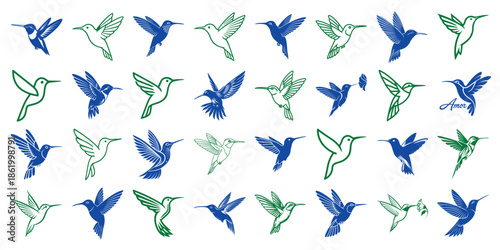 Hummingbird Icons Collection in Blue and Green Silhouettes