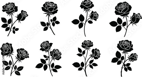 Elegant black rose silhouettes collection on transparent background