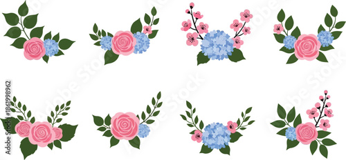 Floral arrangements with roses and hydrangeas perfect for designs on transparent background silhouette