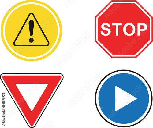 Free Download Four colorful road signs warning stop yield and direction on transparent background silhouette - GFXLoad