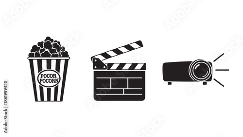 Movie Night Essentials with Popcorn Bucket, Film Clapper, and Spotlight in Simple Monochrome Illustration for Entertainment Industry