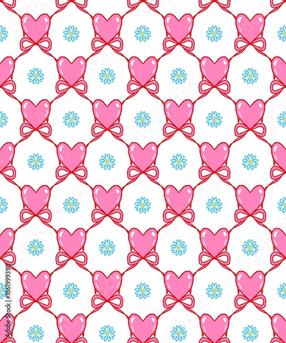 Seamless Valentine’s Day pattern with pink heart shapes tied with red bows and small floral elements on a white background
