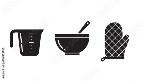 Kitchen Utensils Silhouette Set in Simple Monochrome Design on White Background for Cooking Illustration