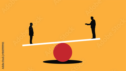 Silhouettes of Two Business People Balancing on Seesaw Colorful. People and activities at white collar work, overcoming difficulties and obstacles vector art