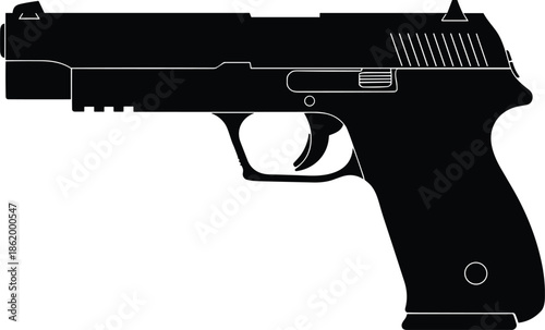 Handgun silhouette, semi-automatic pistol, firearm profile, weapon illustration, black and white, safety concept, gun design, vector art, side view