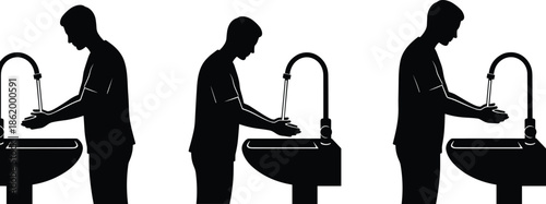 Handwashing, hygiene, silhouette, cleanliness, faucet, sink, water, rub, hands, health, prevention, safety, sanitary, infection, control, wash, personal, care, black, vector