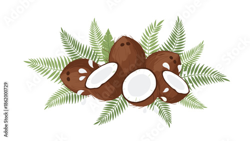 Dynamic composition of whole and halved coconuts with a splash of fresh milk, surrounded by vibrant palm leaves, highlighting tropical natural refreshment.