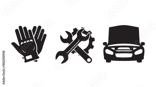 Car Maintenance Icons in Simple Flat Design with Black Color on White Background for Automotive Industry