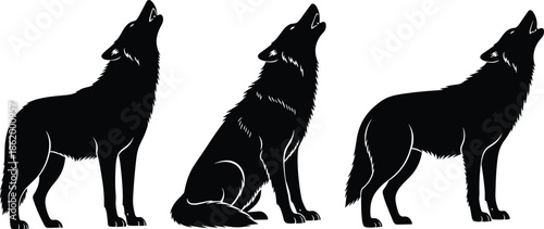 Howling wolf silhouette set illustration wild canine animal poses wildlife nature black vector isolated white background minimalist design forest concept